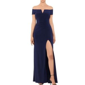 X by XSCAPE New Women's Navy Off-the-Shoulder Evening Ball Gown Dress size 16
